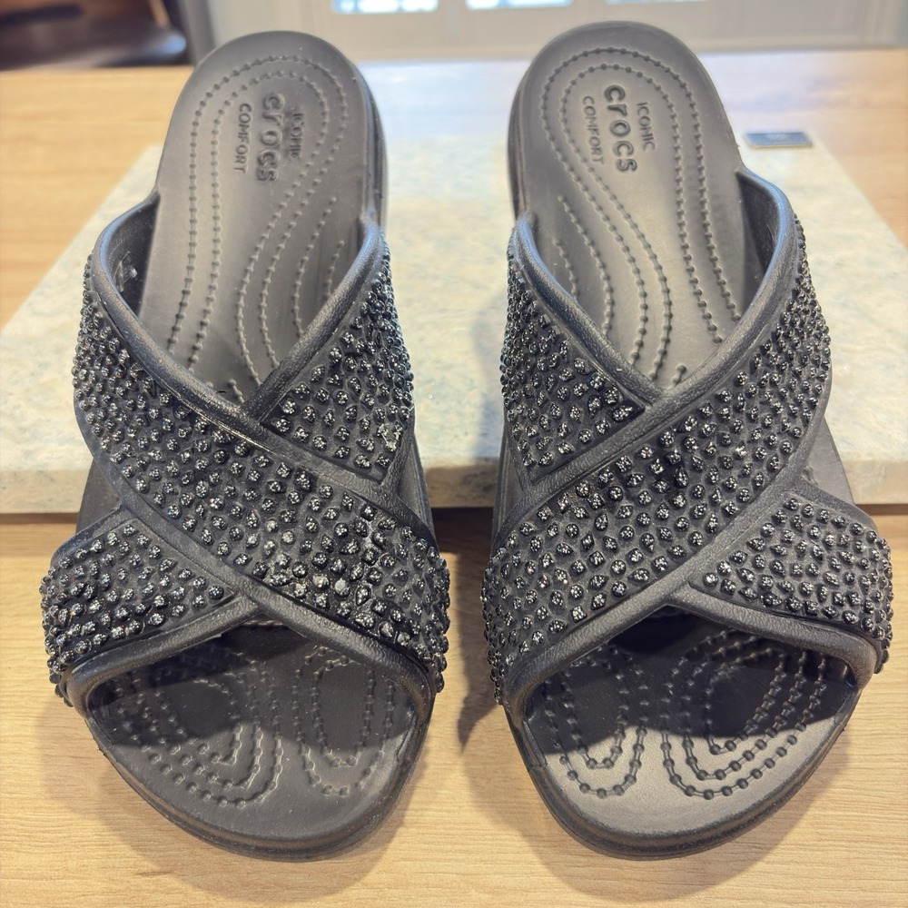Crocs Womens Black Sloane Sandals Slides Bedazzled Cross Strap Casual  7